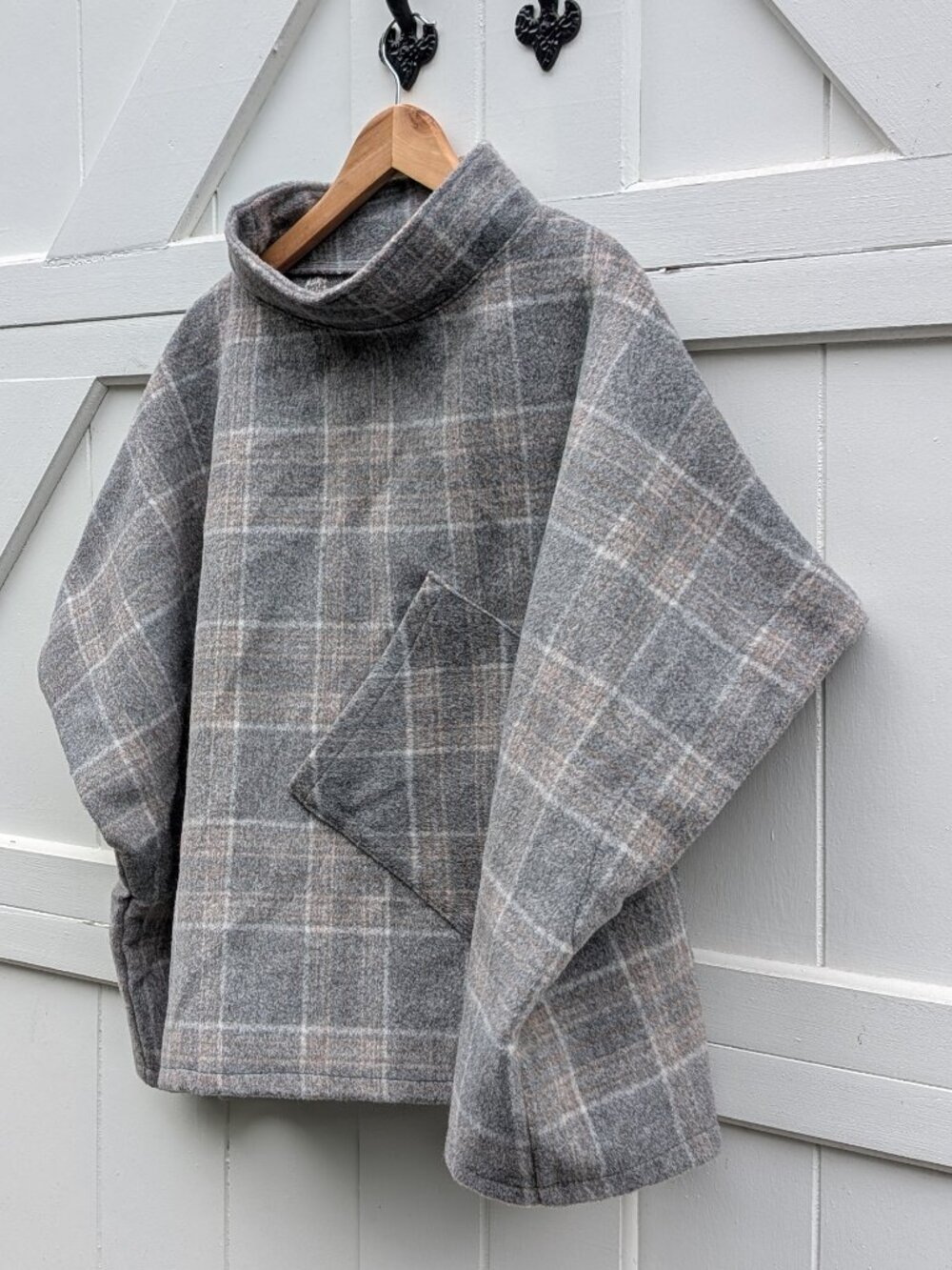 World Market Neutral Gray Tan Plaid High Neck Poncho Cape w Pocket OS